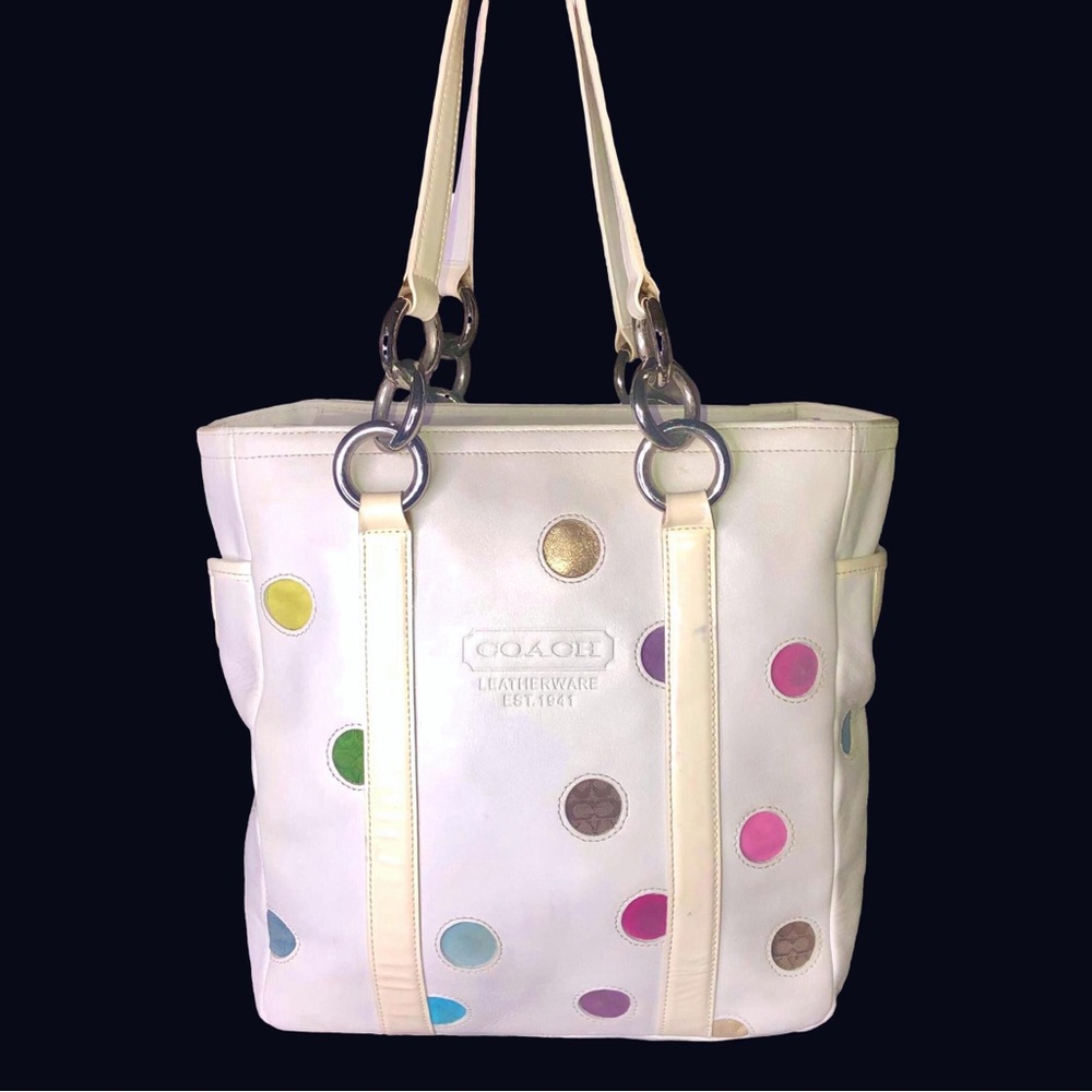 COACH White Leather Tote with Multicolor Polka Dots Top Zipper Closure RARE